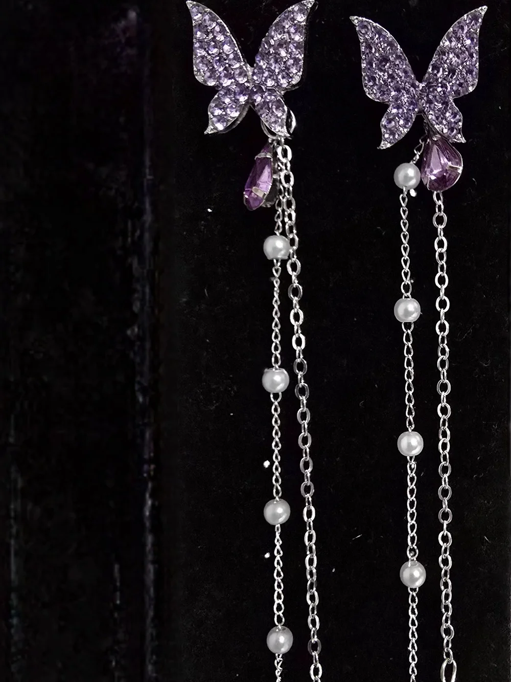 Dainty Silvertone‎ Butterfly Drop Earrings with Pearls - Pink